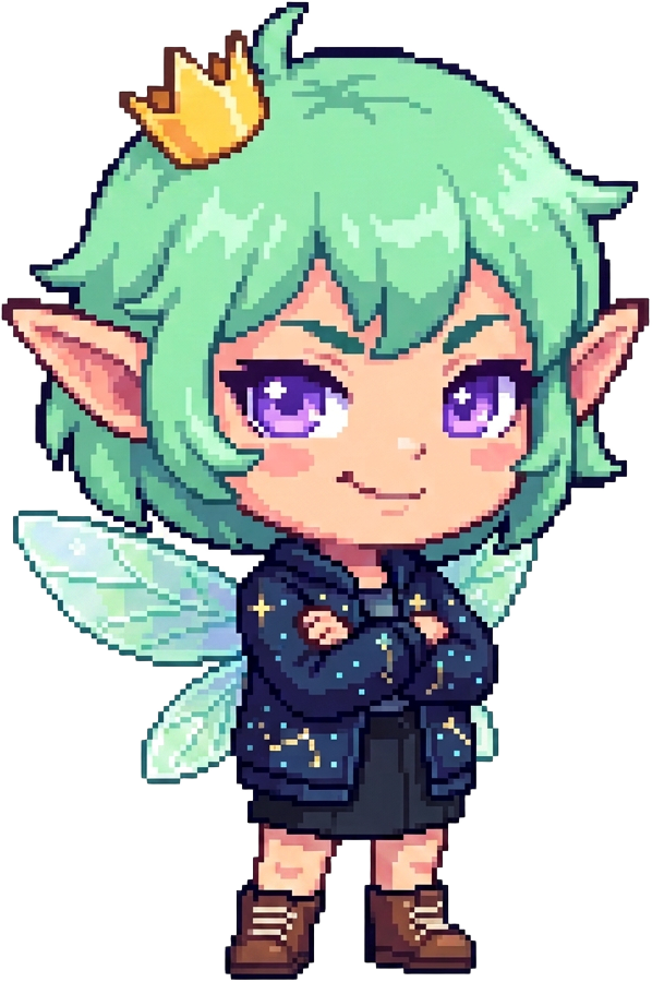 Grumble — a smug chibi fae with green hair, a tiny crown, and fairy wings, arms crossed and ready to judge you